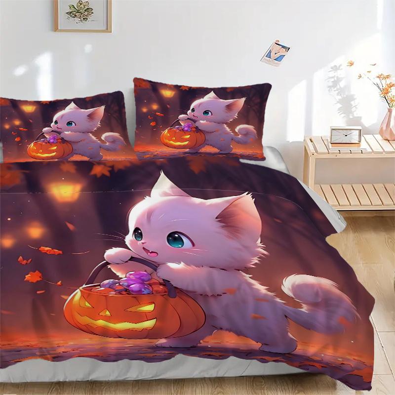 3pcs White Cat Holding Pumpkin Lantern Quilt Cover Set - Soft & Comfortable Polyester Fabric, All-Season Breathable Comforter Set For 1 Quilt Cov