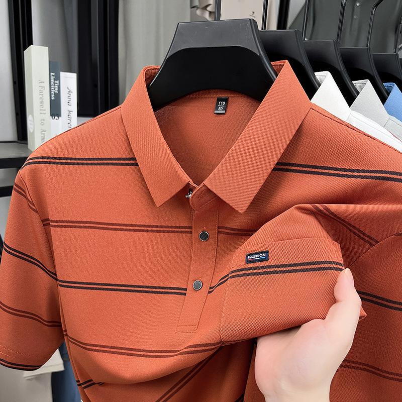 Lapel Collar Striped T-Shirt Short Sleeve Summer Loose Fit Business Casual Top T-Shirtpolo M