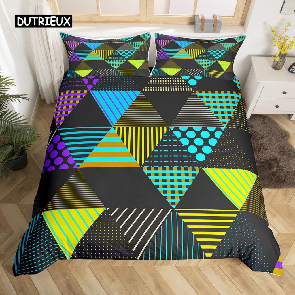 Set Husă Plapumă Geometrie King Albastru Alb Negru Triunghiuri Dungat Set Lenjerie de Pat Poliester Vintage Desenat Manual Dungă Groasă Husă Plapumă