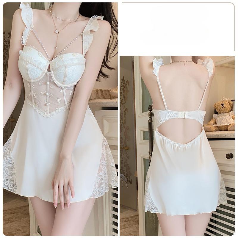 Plus Size Women’s Sexy Push-Up Underwire Sleep Dress Lace Backless Camisole Padded Deep V Nightdress