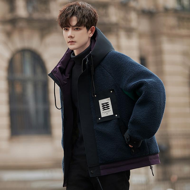 Daunenjacke mit Kapuze Herren Herbst und Winter High-End Trendmarke Verdickt Jungen und Jugendliche Imitat Lammwolle Kurzer Mantel