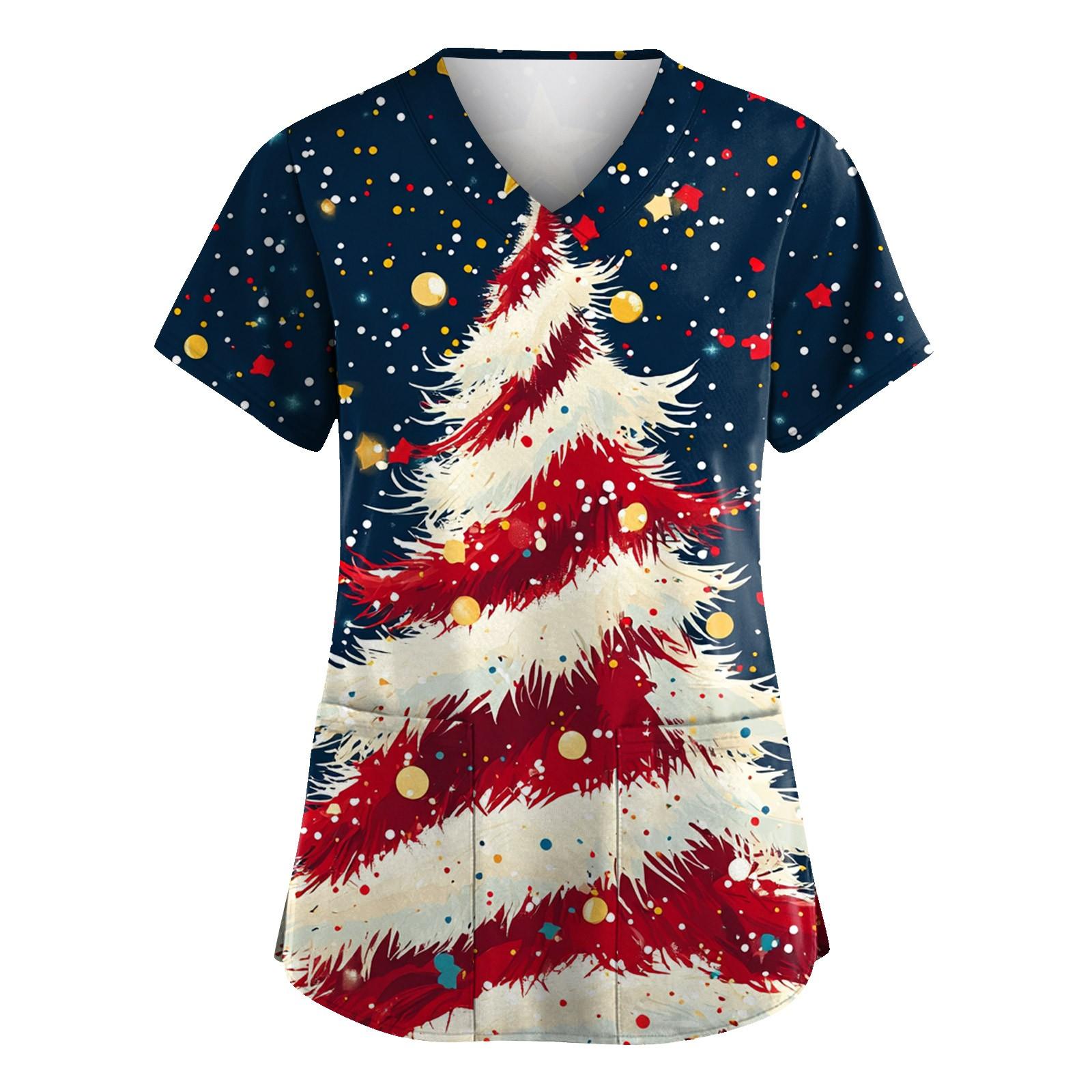 

Женская модная футболка с коротким рукавом и V-образным вырезом, карманом и рождественским принтом XXL тёмно-синий