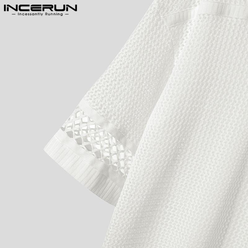 INCERUN Oversized Men Summer O-neck Half Sleeve Hollow See Through T-Shirts