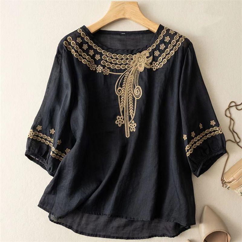 Women O Neck Elbow Sleeve T-Shirt Pattern Embroidery Loose Boho Top Vintage Summer Beach Vacation Resort Wear Casual Blouse