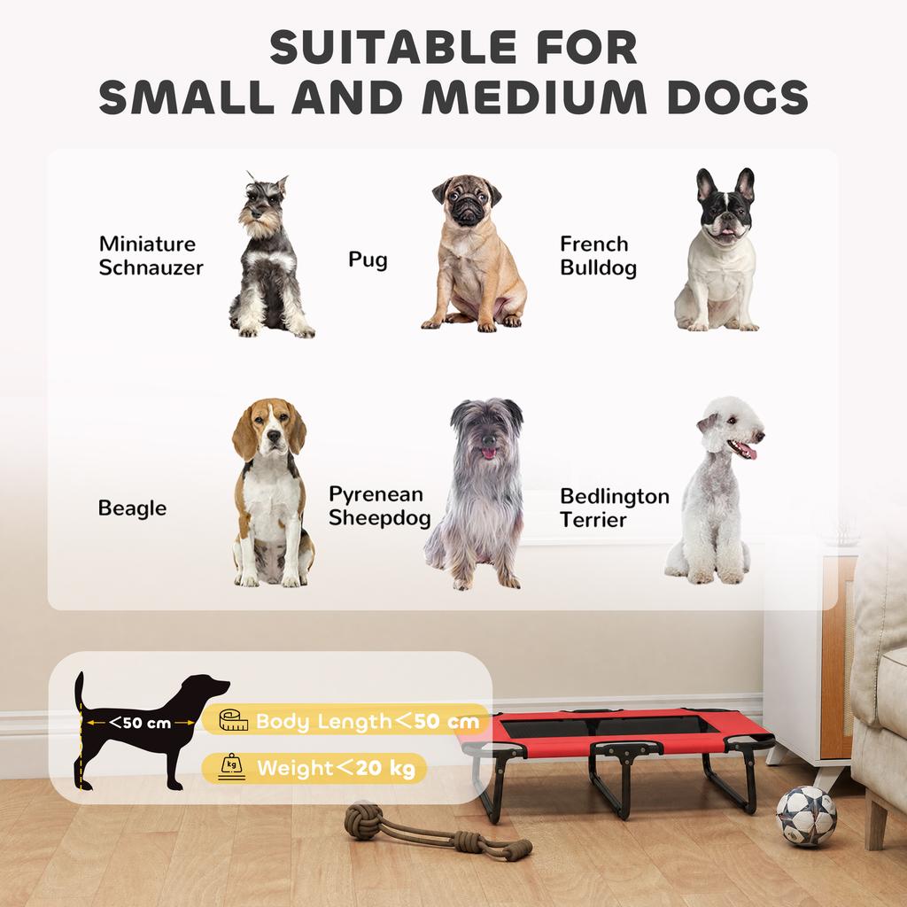 Portable Raised Dog Bed, Elevated Pet Cot with Breathable Mesh for Indoor Outdoor, for Small Medium Dogs, Red