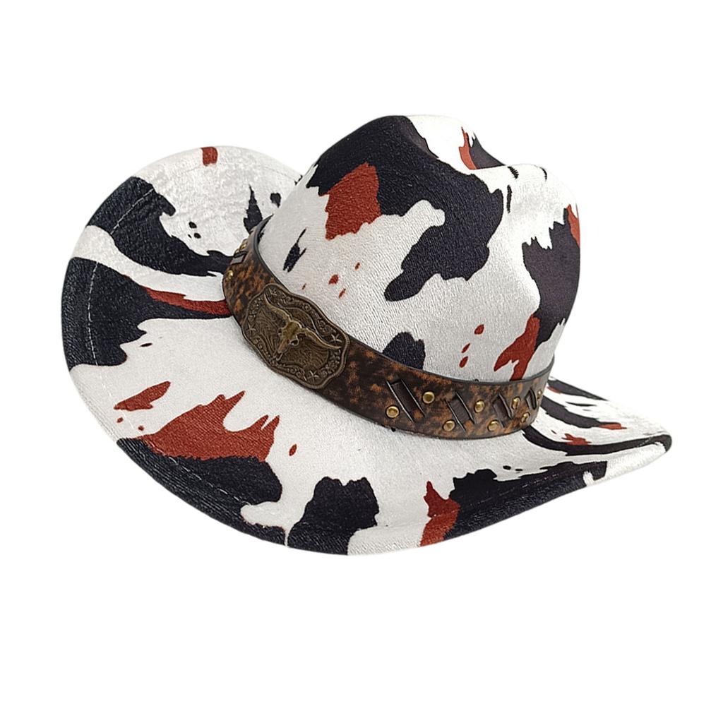 Comfortable Western Theme Top Hat with Bull Head Belt Cow Pattern for Women Men Outdoor Activity and Music Festival
