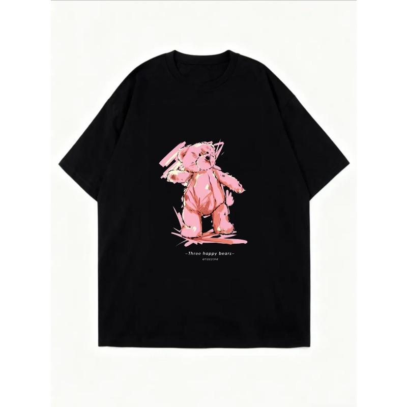 White Oversized T Shirt With Pink Bear Print And Happy Text For Casual Wear