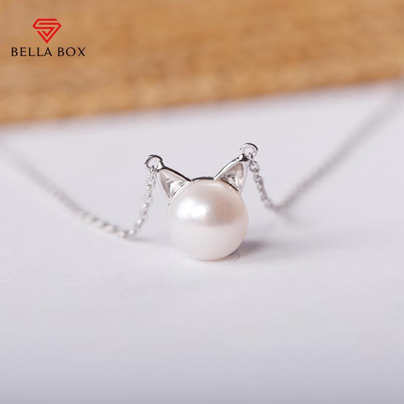 BELLA BOX Korean Fashion Copper Plated Silver Sen Tie Sweet Earrings Natural Freshwater Pearl Cat Cute Kitten Necklace Earrings Set
