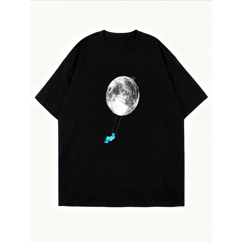White T Shirt With Moon Balloon Print And Blue Ribbon Design For Casual Wear