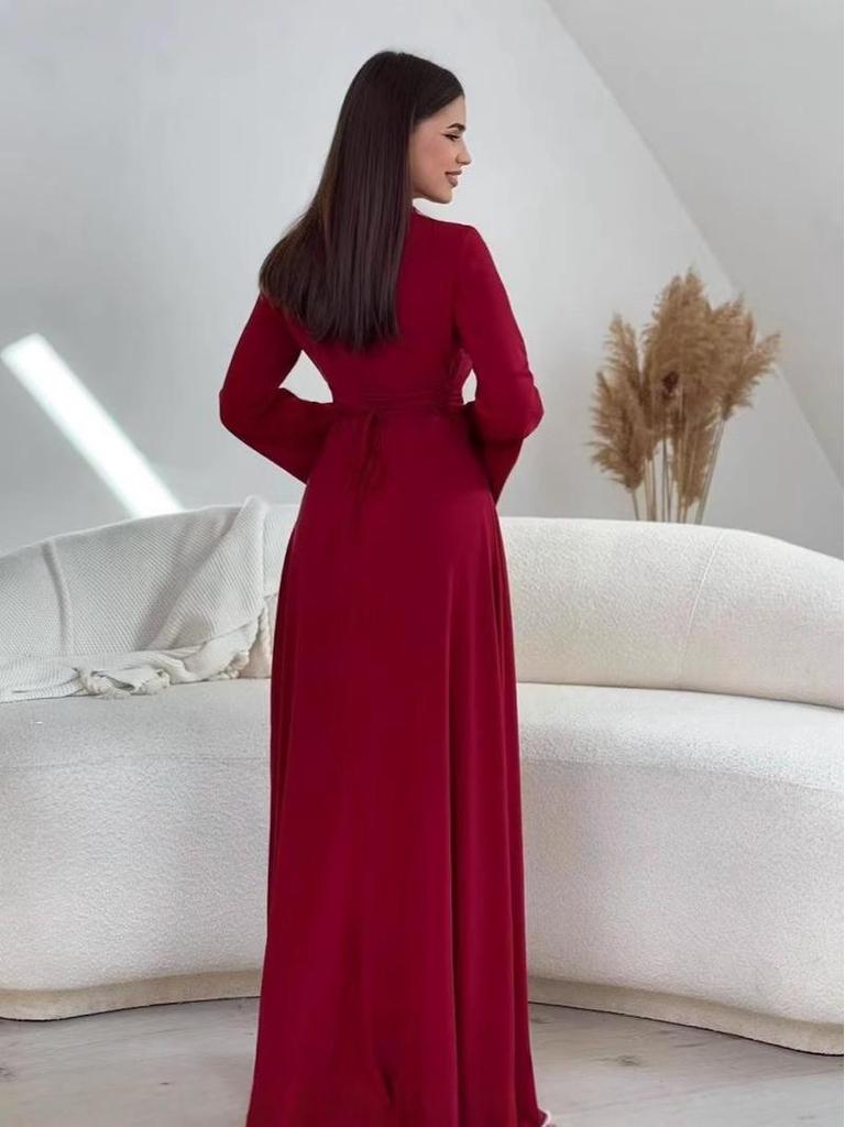 European & American Solid Color Long-Sleeved Slimming Dress for Spring/Autumn