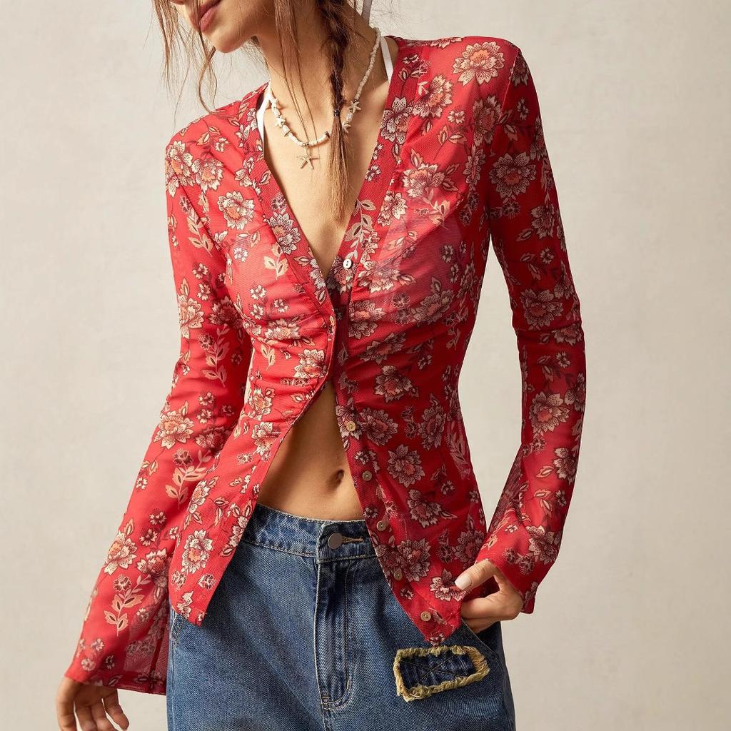 Camicia da donna elegante a maniche lunghe con scollo a V, vestibilità slim, con stampa, per il lavoro e il tempo libero