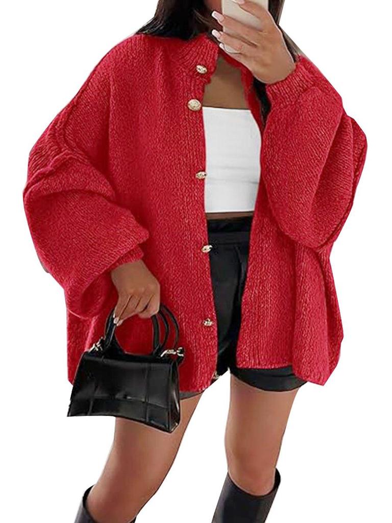 Autumn/Winter Solid Color Knit Button Cardigan with Large Sleeves - Casual Style