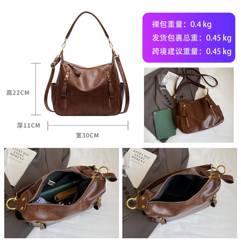 New Retro Handbag Bag Women's Bag Trendy Commuter Tote Bag Double Zipper Oily Leather Shoulder Messenger Bag