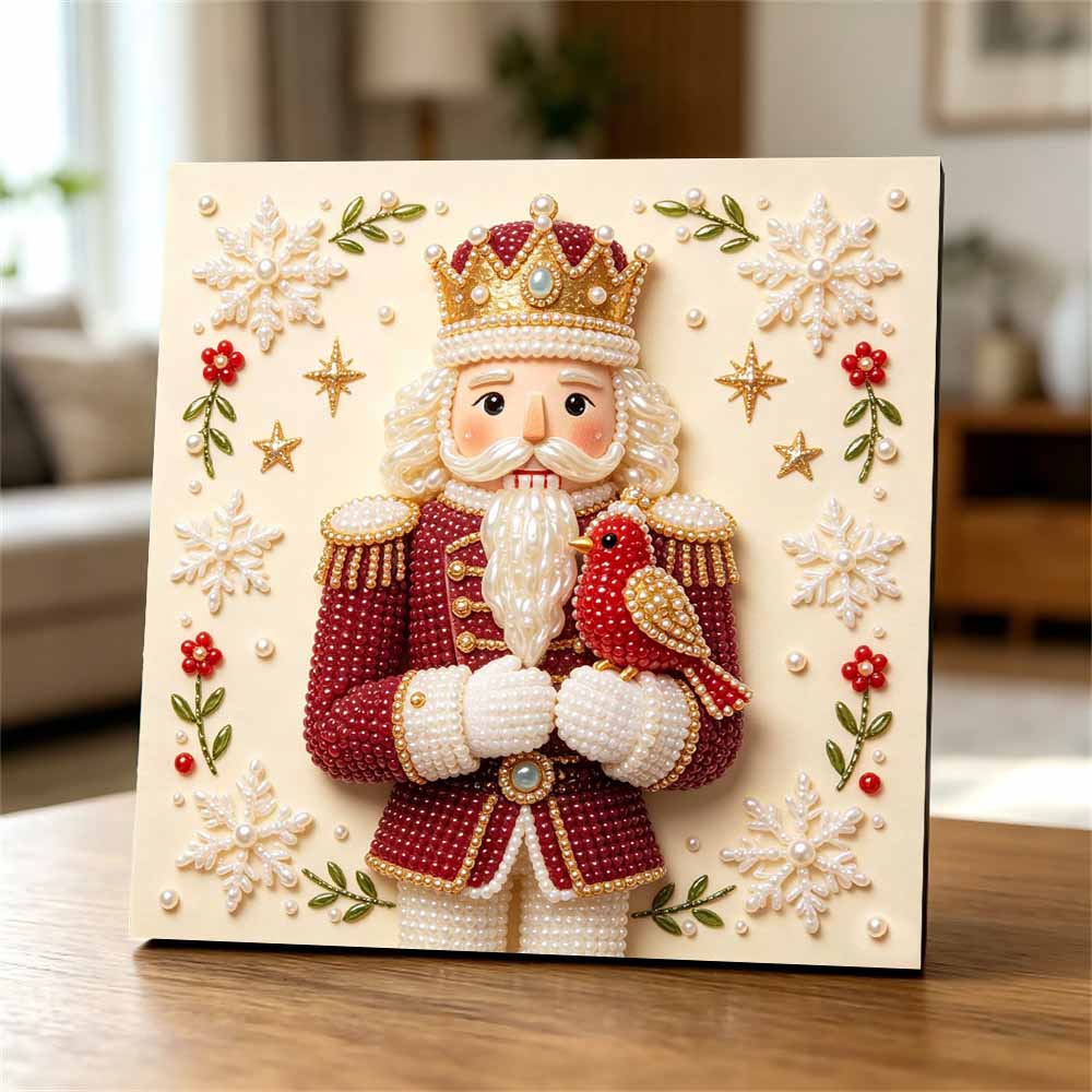 Handmade Framed Pearl Painting Set with Christmas Nutcracker and Bird Design 5D Shiny Bead Art Canvas Creative Craft for Room Decor