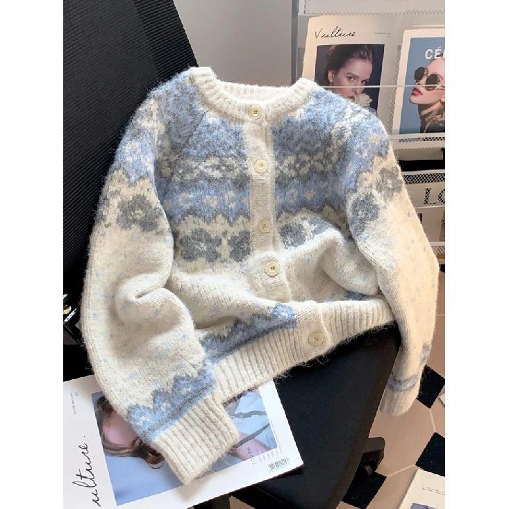 Women Print Sweet Cardigan Vintage Loose Lazy Wind Fall Winter Knitted Sweaters Casual Retro Lady Preppy Style Long Sleeve Tops