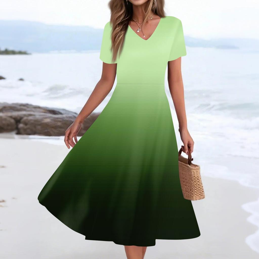 Women's Summer Casual Fashion Print Pocket Short Sleeve V-Neck Swing Dress