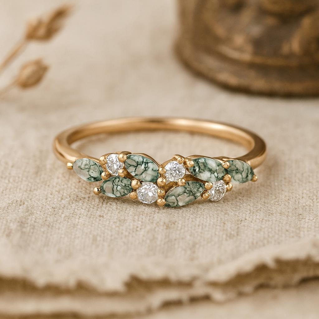 Wedding Engagement Anniversary Promise Gift – Natural Moss Agate Ring, Yellow Gold Plated Nature Inspired Green Gemstone Bridal Jewelry