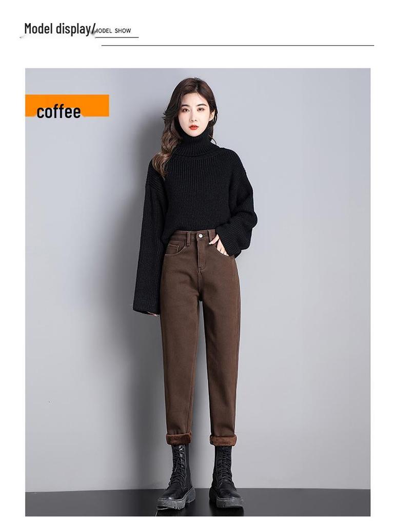 Coffee Brown Women's High-Waisted Velvet-Lined Loose Jeans - Winter 2025 Harajuku Style Trousers