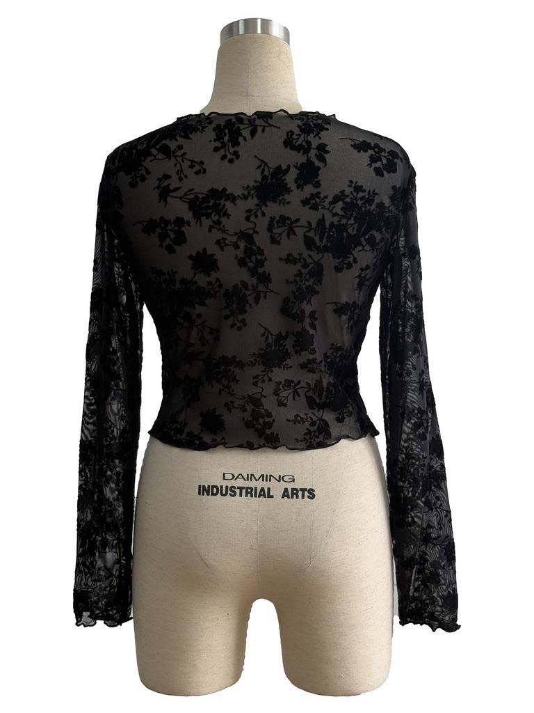 Ins Women's Black Sexy Mesh Round Neck Long Sleeve T Shirt Top Women Fashion Daily Basic Office Lady Casual Slim Fit Ladies Elegant Long Sleeve Top