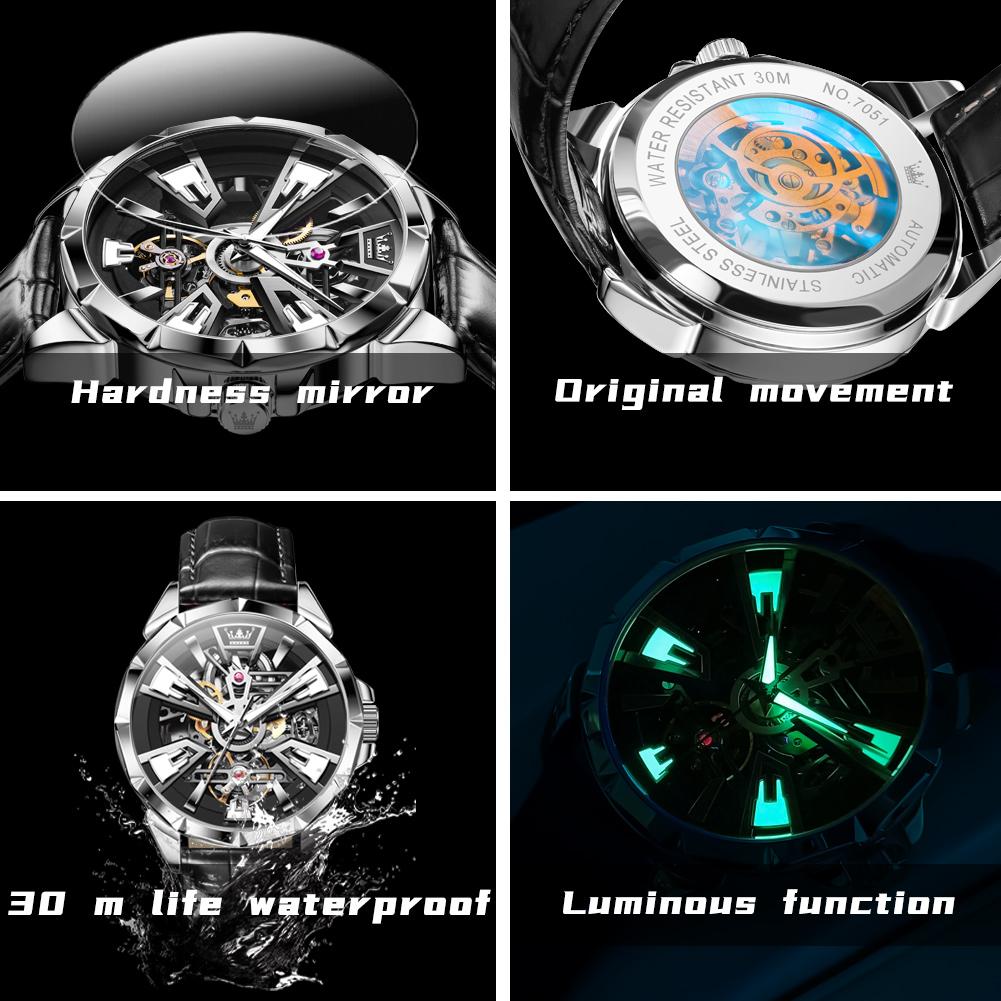 OLEVS New Skeleton Automatic Man Watch Original Leather Strap Hollowed Fashion Men's Mechanical Watch Waterproof Watches for Men