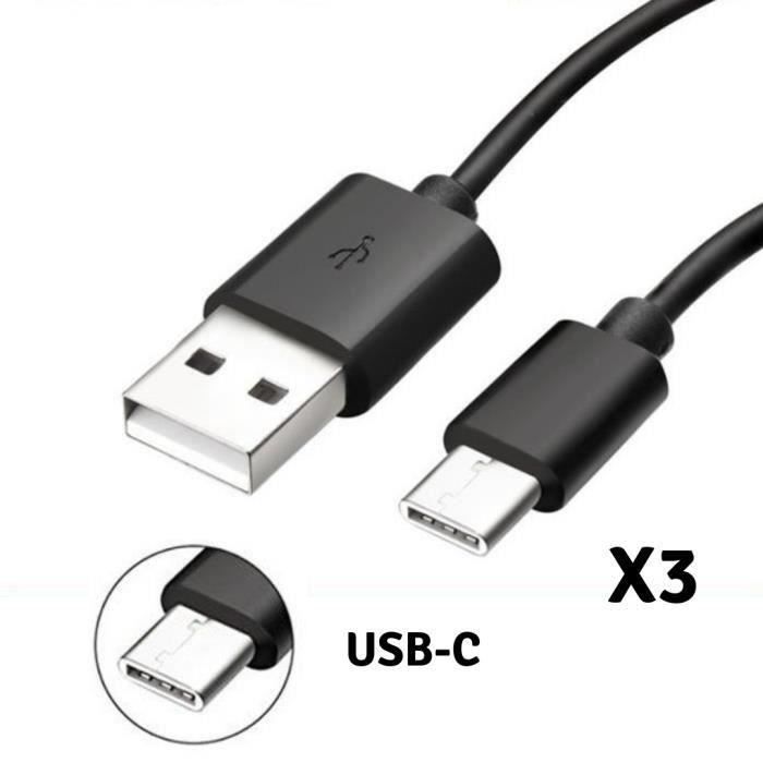 Câble USB-C - Phonillico® - Compatible Asus Zenfone 5/5Z/3 ZOOM S - Pack de 3 - 1 Métre - Noir