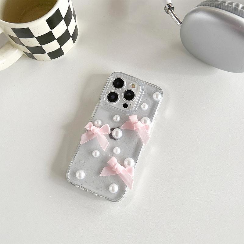 

Pearl Bow Mobile Phone Case For Iphone17Promax Transparent Apple 16 Fine Glitter Epoxy Wind iPhone 7/8/SE 2020