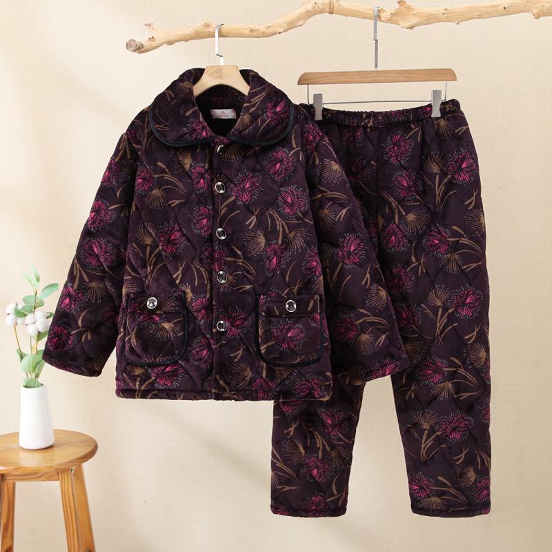 Large size women's elderly winter pajamas three-layer thickened padded cotton to keep warm and fleece coral fleece padded jacket