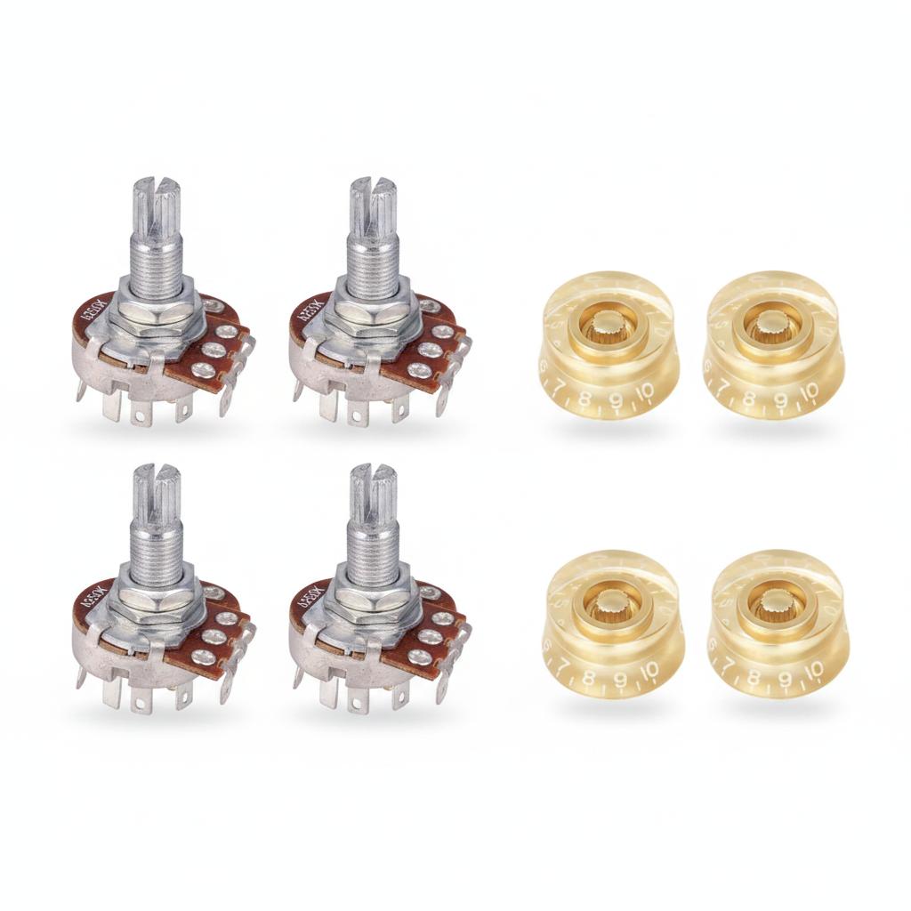 A250K B250K Long Split Shaft Audio Taper Low Friction Guitar Potentiometers Volume Knob Cap