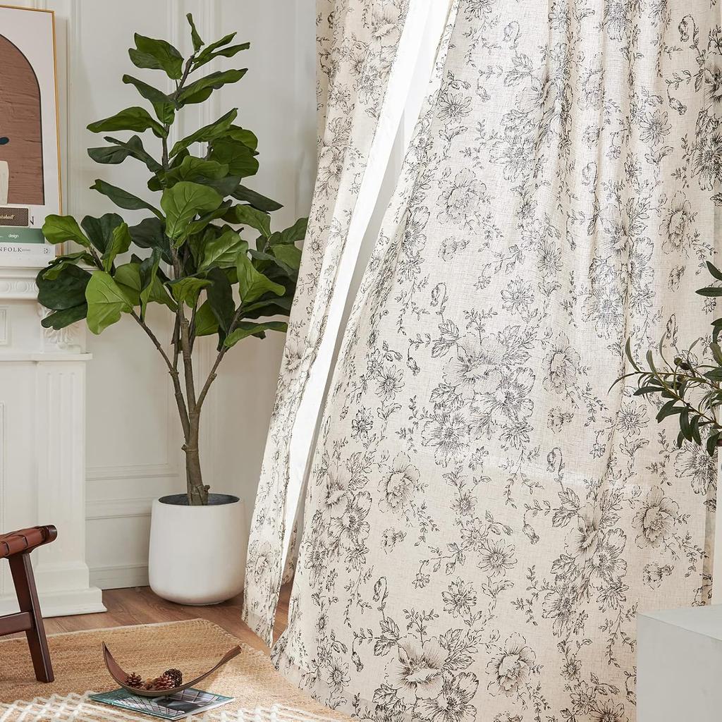 Cotton Linen Rod Pocket Floral Filtering Window Curtain for Living Room Bedroom Drapes Shower Curtain Luxury Country Farmhouse