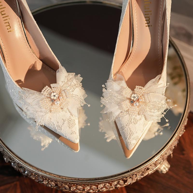 2024 Wedding Stilettos With Flowers White Temperament Stilettos With Party Gentle Wind Princess Women'S Shoes