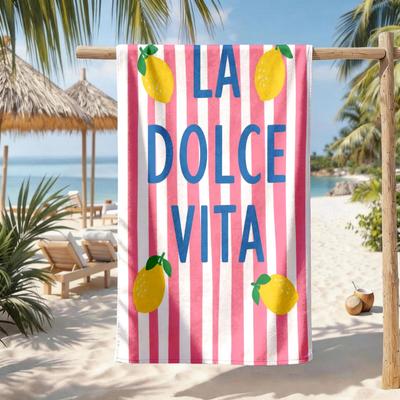 1 Stück La Dolce Vita Zitronenmuster Strandtuch Groß Saugfähig Schnelltrocknend Italienischer Urlaubsstil Rosa und Weiße Streifen