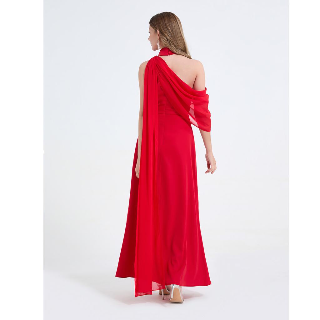 Sexy Off-the-Shoulder Patchwork Halter-Neck High-Waisted Slit Dress Women's Elegant and Flowing Slit Evening Gown Summer Dress