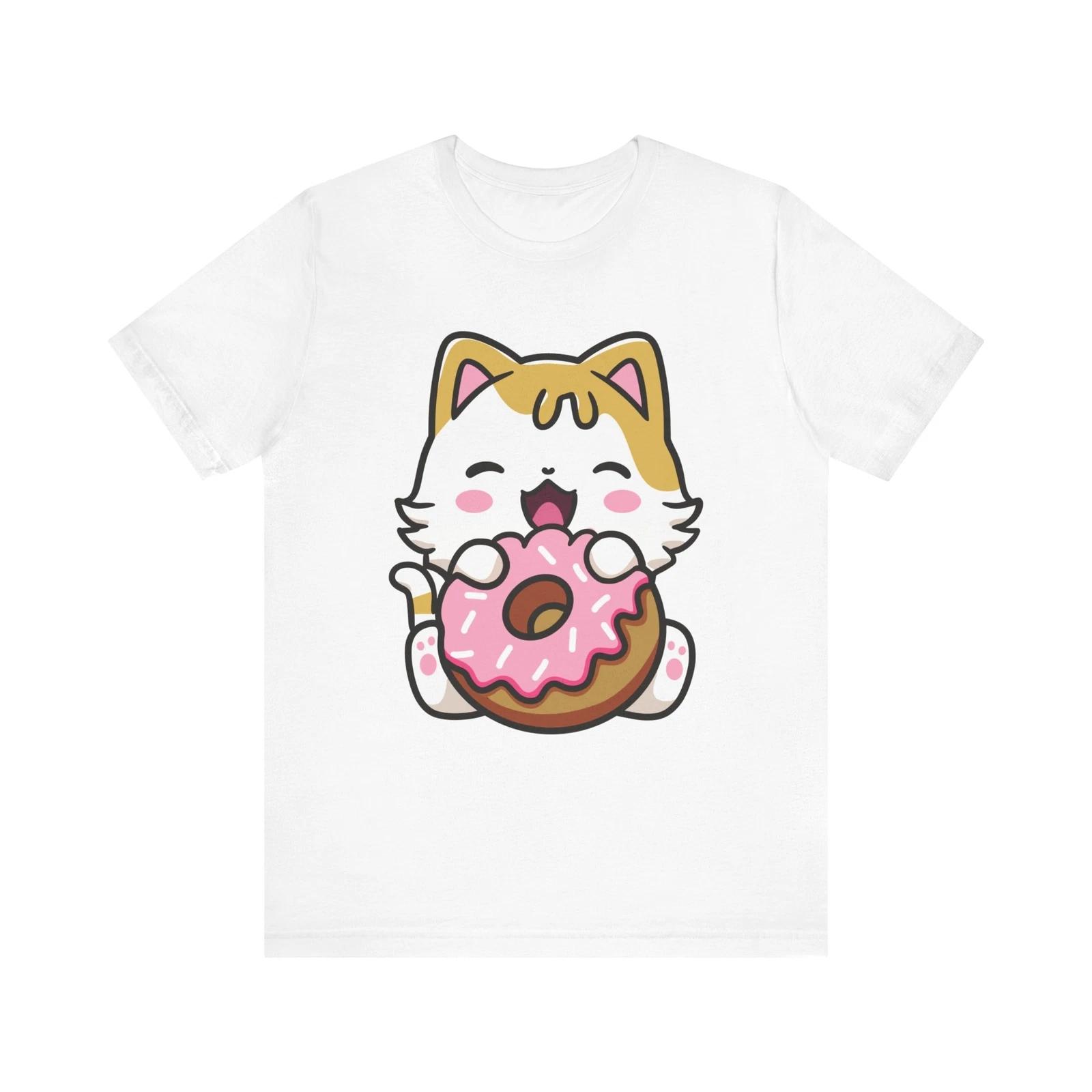 

Unisex Size Cute Funny Kawaii Happy Cat Pink Donut Anime Neko Donuts Cat Shirt 4XL