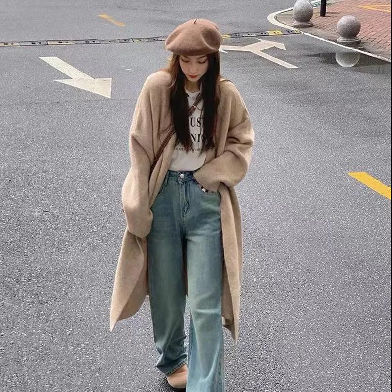 

Осенне-зимний свитер средней длины, кардиган, женское пальто в корейском стиле, свободный и ленивый стиль, вязаный свитер выше колена S дубильная кора