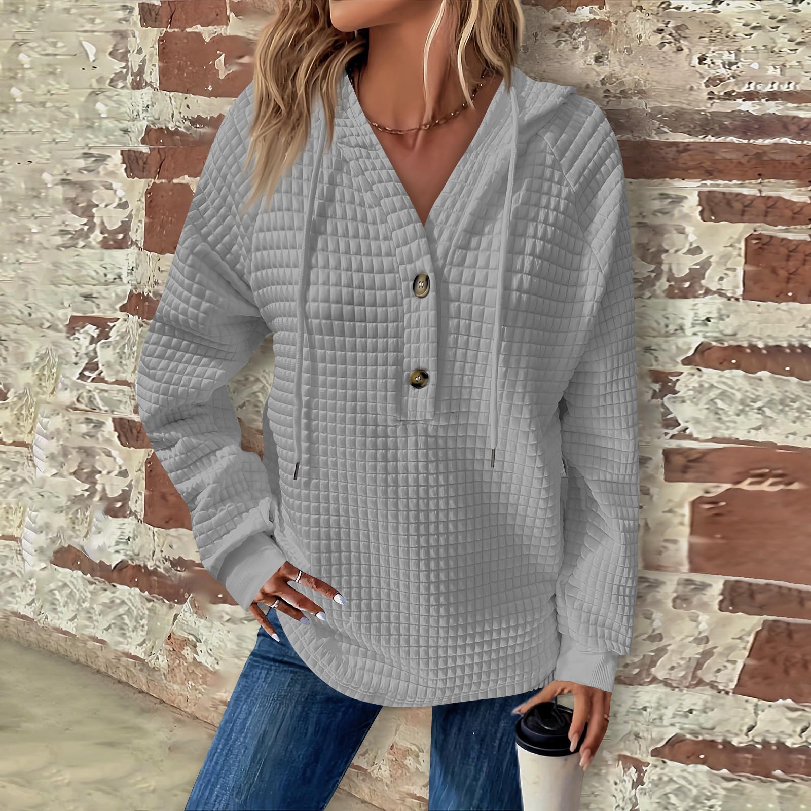 

Женская мода с длинным рукавом, завязками на шнурке, капюшоном, пуговицами, V-образным вырезом, повседневная толстовка с капюшоном S