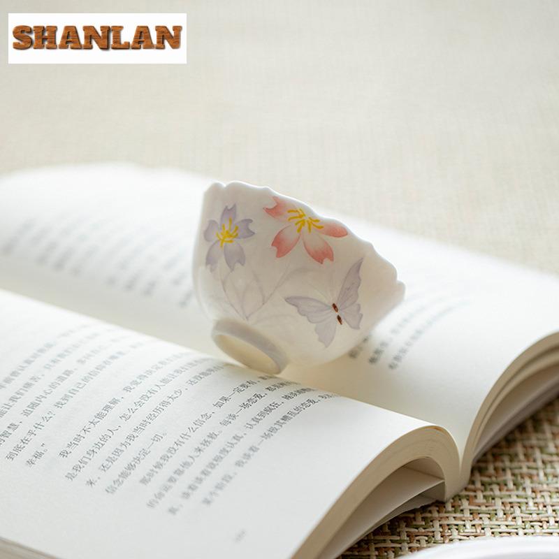 50ml Hand-painted Flowers Butterfly Teacup Antique Tea Bowl Cup For Tea Tea-tasting Meditation Cup Jianzhan Master Cups Teaware