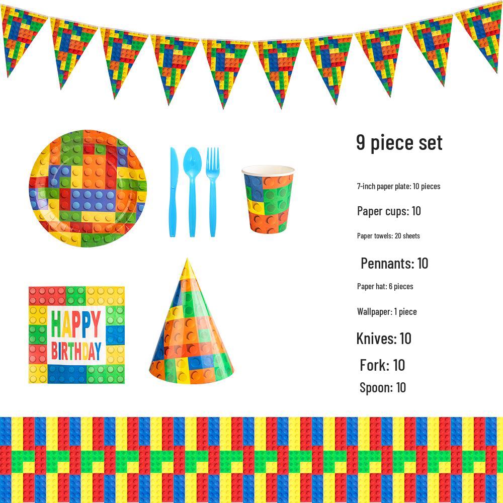 Building Blocks Birthday Party Set: Children's Game Blocks & Disposable Tableware
