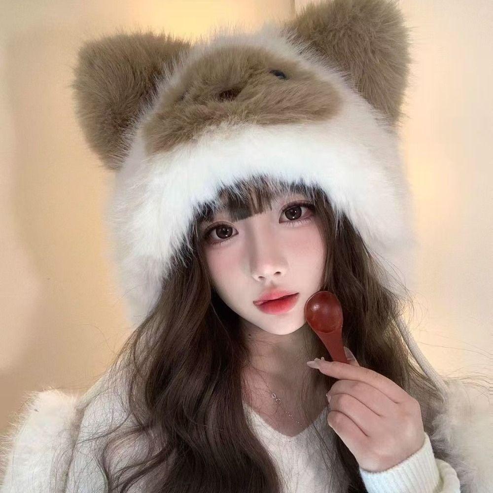 Thicken Fluffy Pullover Cap Soft Woolen Hat Winter Animals Ears Beanie Hat  Skiing