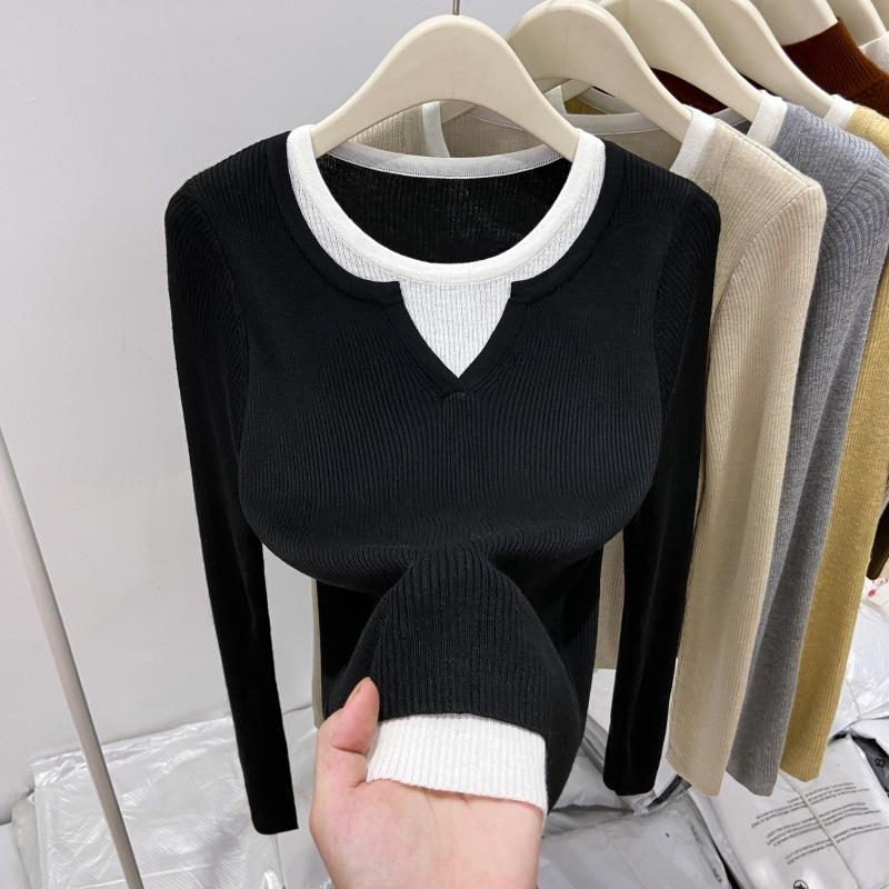 European fake two V-neck sweater women's 2025 spring Korean version contrasting color splicing inner top long-sleeved knitted base
