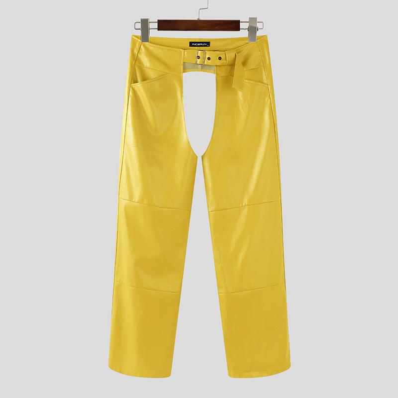 INCERUN Men Zip-up Waist Crotch Cutout PU Leather Party Long Pants Trousers
