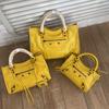 Womens Genuine Leather Crossbody Bag - Oil Wax Cowhide Rivet Detail Cracked Texture Medium Size Street Style