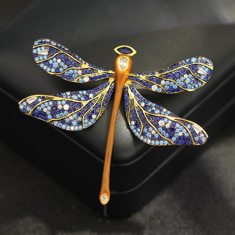 Light luxury niche blue zircon inlaid stone dragonfly brooch atmospheric high-end luxury insect coat pin anti-light female