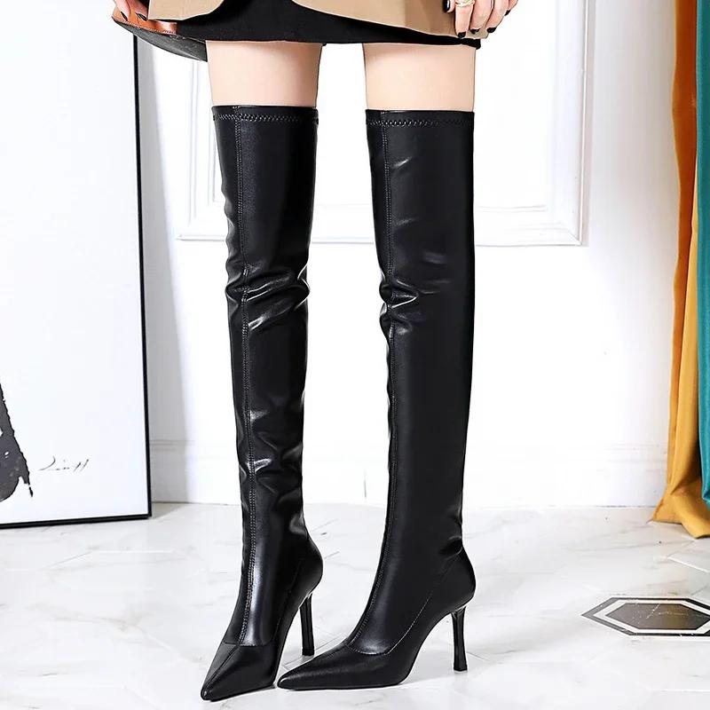 Bigtree Shoes Fashion Simple Soft Leather Women Long Boots Autumn Winter Pointed Toe Thin High Heel Over The Knee Black Boots