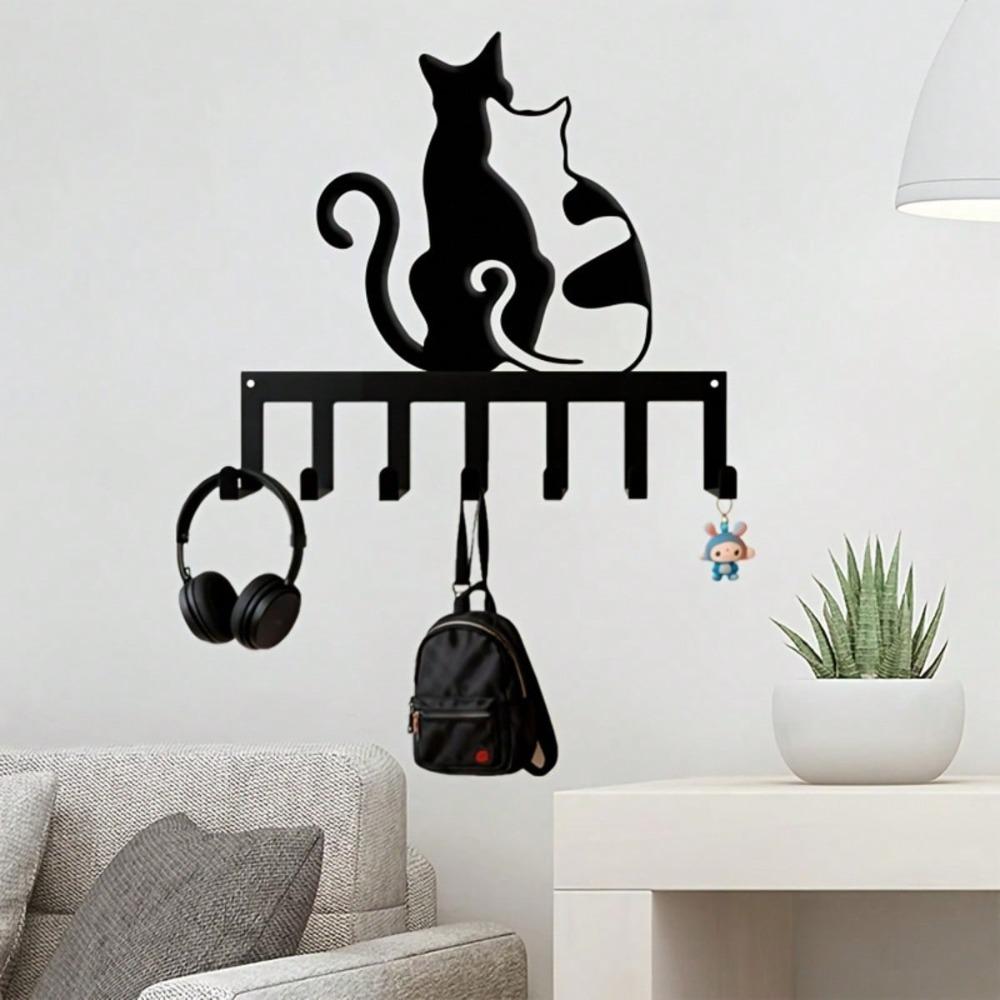 Modern Cat Silhouette Key Holder 7 Hook Wall Mounted Iron Organizer Space Saving Entryway Bedroom Gift for Cat Lovers