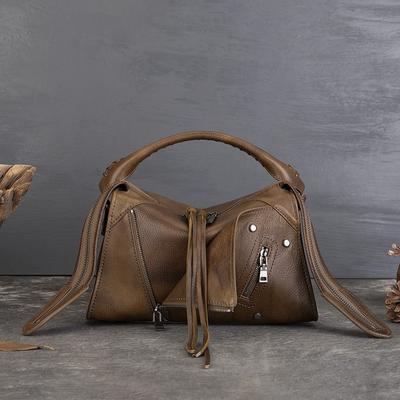 Borsa a mano retrò in vera pelle con risvolto, grande capacità, borsa da donna con nappa, versatile, tracolla