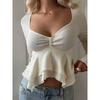 Women Spring Autumn New Solid Color Square Collar Long Sleeved Ruffle Hem Slim Fit Waist Cinched Casual Crop Top