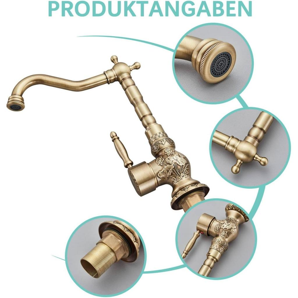 Antique Brass High Tap Bathroom Basin Single Lever Sink Mixer Tap 360° Rotating Spout