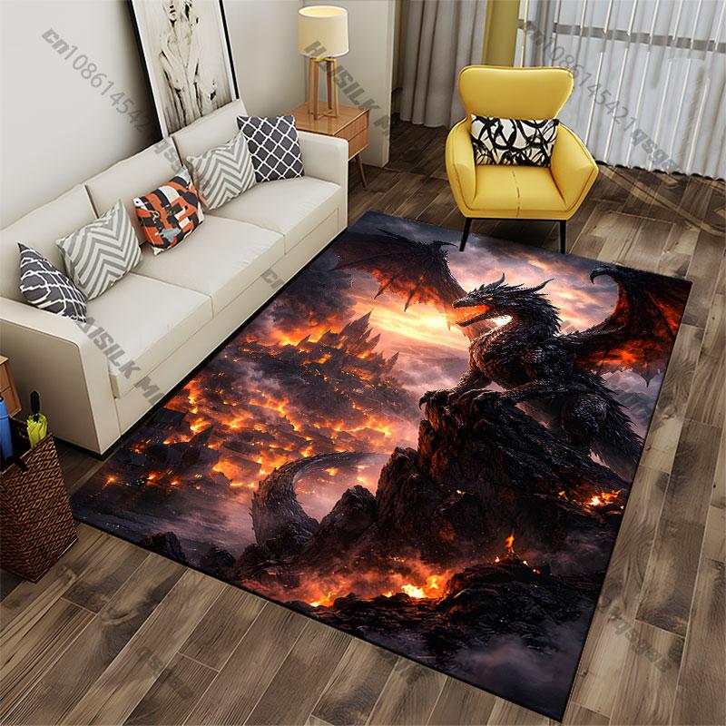 Dragon destruction fire chaos city carpet Yoga living room room decor children's crawling mat doormat area rug games mat