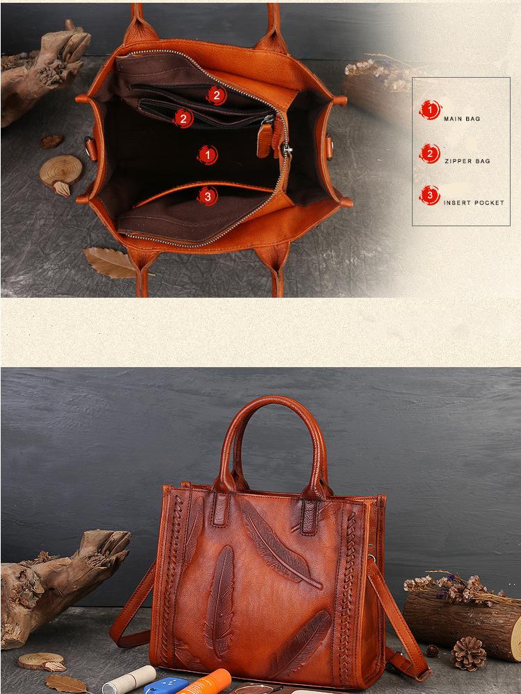 Johnature Retro Feather Embossed Handbag Genuine Leather Women Bag Large Capacity Real Cowhide Casual Shoulder Bags