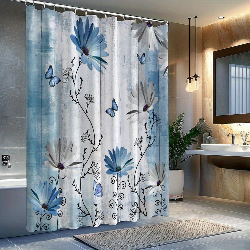 1pc Light blue and white daisy patterned shower curtain, machine washable, polyester fabric, suitable for bathroom décor.